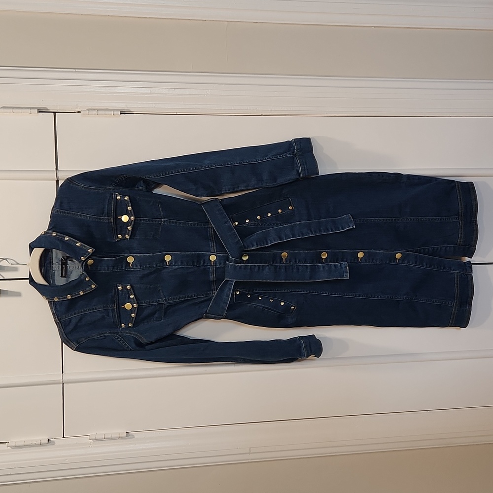 Karen Millen studded long sleeve button down stretch denim midi dress size 6